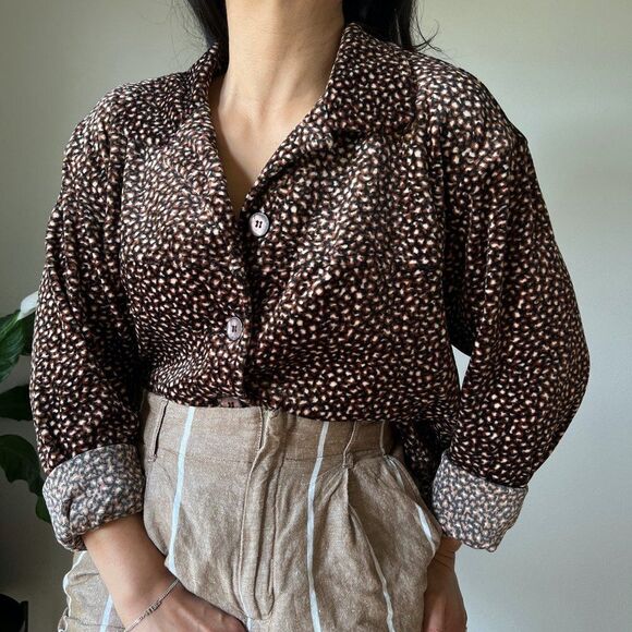 vtg 90s Clio velvet jacket blouse brown black leopard shirt size Large button up - Picture 3 of 8
